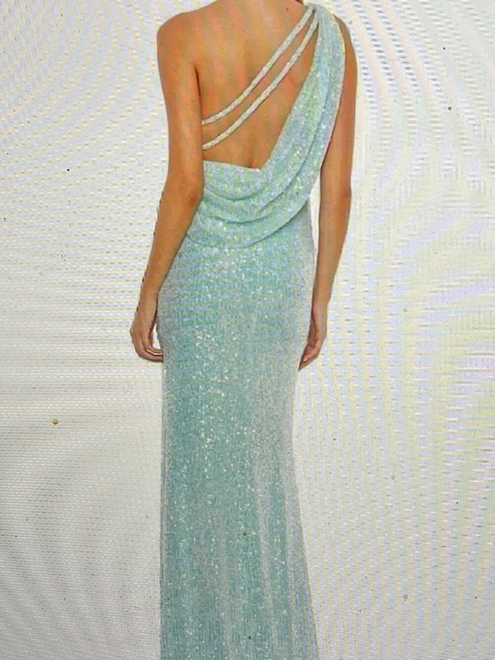 MAC DUGGAL IEENA FOR MAC DUGGAL SEQUINED ONE SHOULDER DRAPED BACK GOWN ICE BLUE - Picture 15 of 15